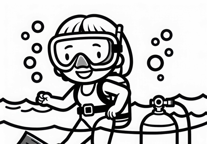 Plongeuse descend dans l'eau avec une bouteille de plongée - Modèle de coloriage simple et gratuit Plongeuse descend dans l'eau avec une bouteille d'oxygène - Modèle à colorier simple et gratuit