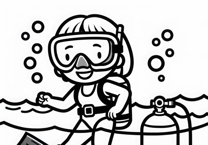 Taucherin steigt mit Sauerstoffflasche ins Wasser – Malvorlage einfach kostenlos
