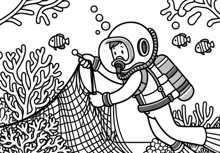 La plongeuse démêle un filet de pêche en corail - Image à colorier simple et gratuite La plongeuse démêle un filet de pêche en corail - Dessin à colorier facile et gratuit