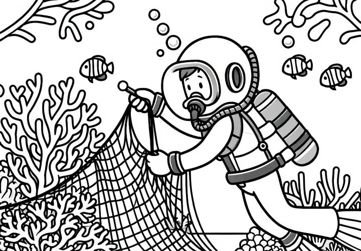 Die Taucherin entwirrt ein Fischernetz aus Korallen – Ausmalbild einfach und gratis