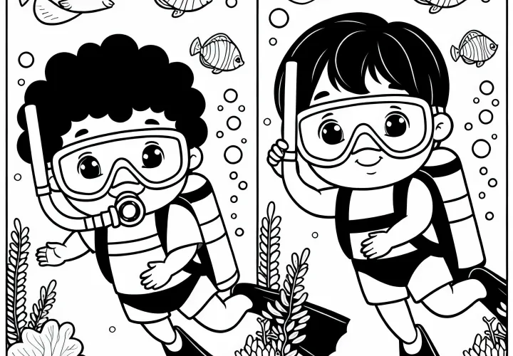 Kinder beim Tauchen – Ausmalbild einfach und kostenlos