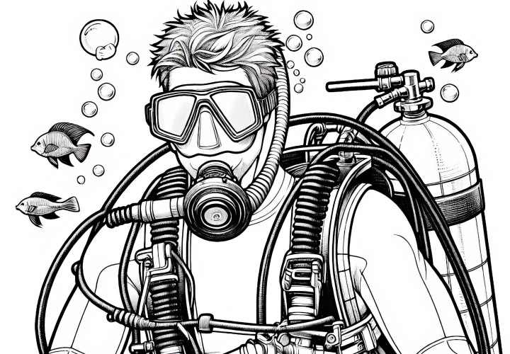 Modèle de coloriage de plongeur détaillé gratuit Modèle de coloriage de plongeur riche en détails gratuit