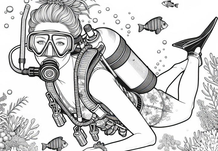 Modèle de coloriage de plongeuse - Détails riches et gratuit Modèle de coloriage de plongeuse - Riche en détails et gratuit