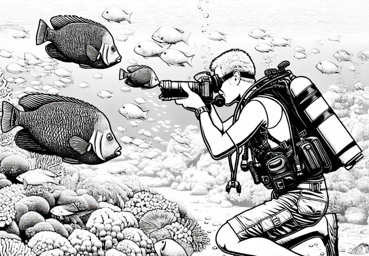 Plongeur photographie des poissons sous l'eau – Image à colorier détaillée gratuite Plongeur prenant en photo des poissons sous l'eau – Dessin à colorier détaillé gratuit