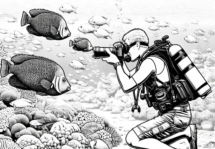Taucher fotografiert Fische unter Wasser – Ausmalbild detailreich gratis