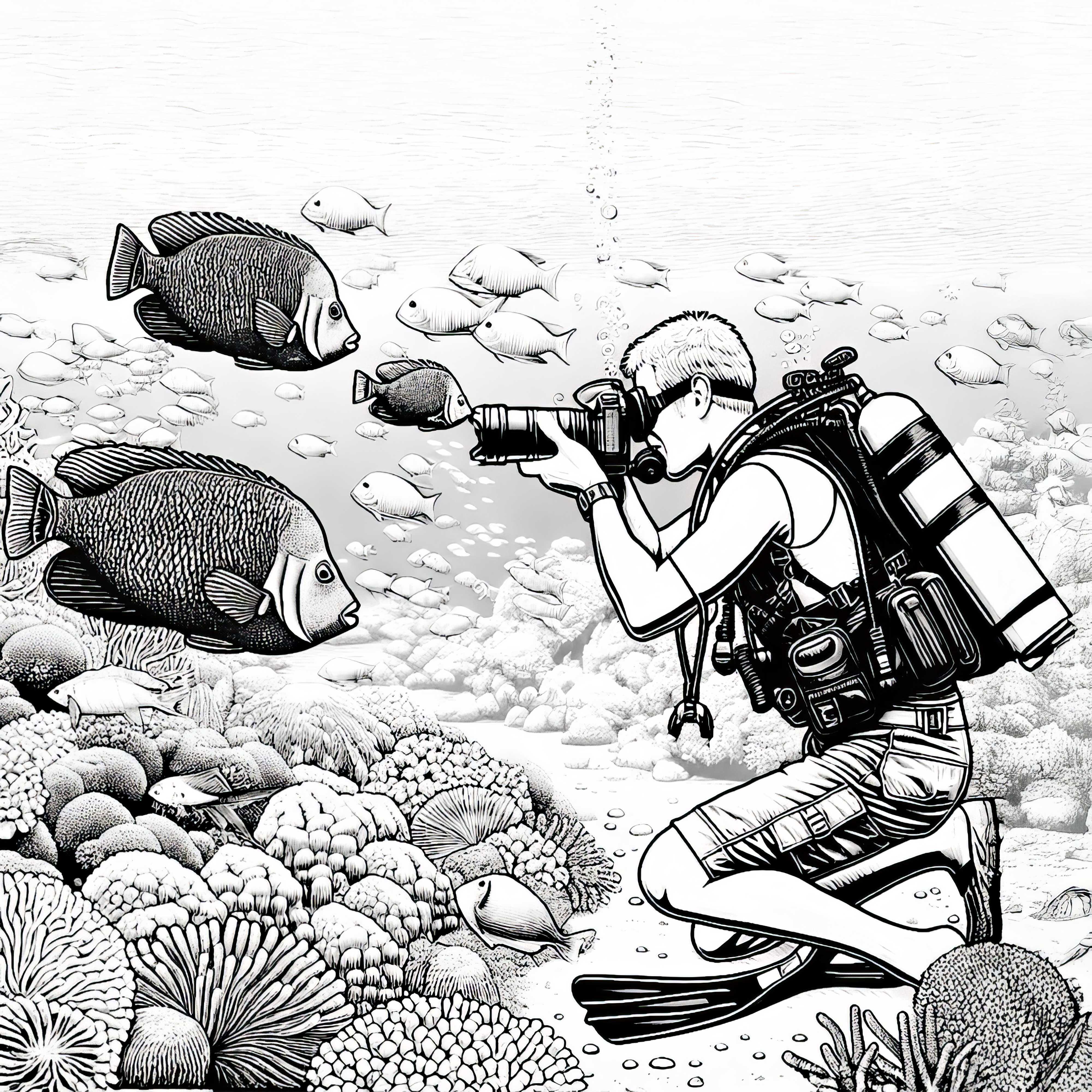 Un plongeur photographie des poissons sous l'eau – dessin à colorier détaillé gratuit