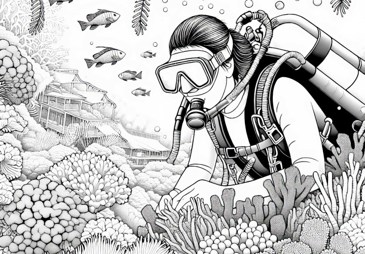Un plongeur explore un récif corallien – modèle de coloriage détaillé gratuit Plongeur explore le récif corallien – Modèle à colorier détaillé gratuit