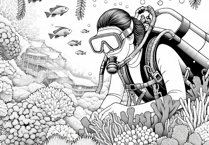 Taucher erkundet Korallenriff – Malvorlage detailreich kostenlos