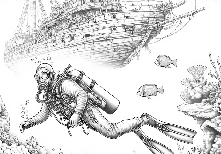 Taucher schwebt neben Schiffswrack – Malvorlage detailreich gratis