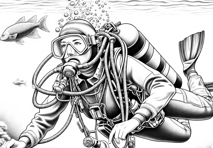 Plongeuse avec bouteille de plongée - modèle de coloriage détaillé gratuit Plongée avec bouteille de plongée - modèle de coloriage détaillé gratuit