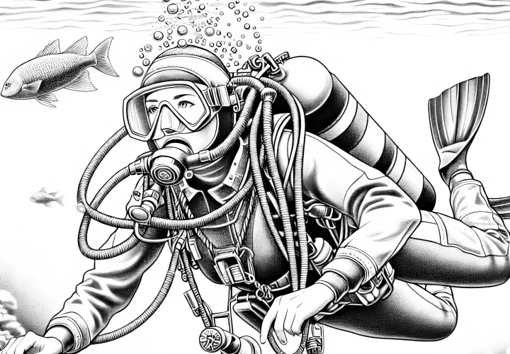 Taucherin mit Sauerstoffflasche – detailreiche Malvorlage kostenlos