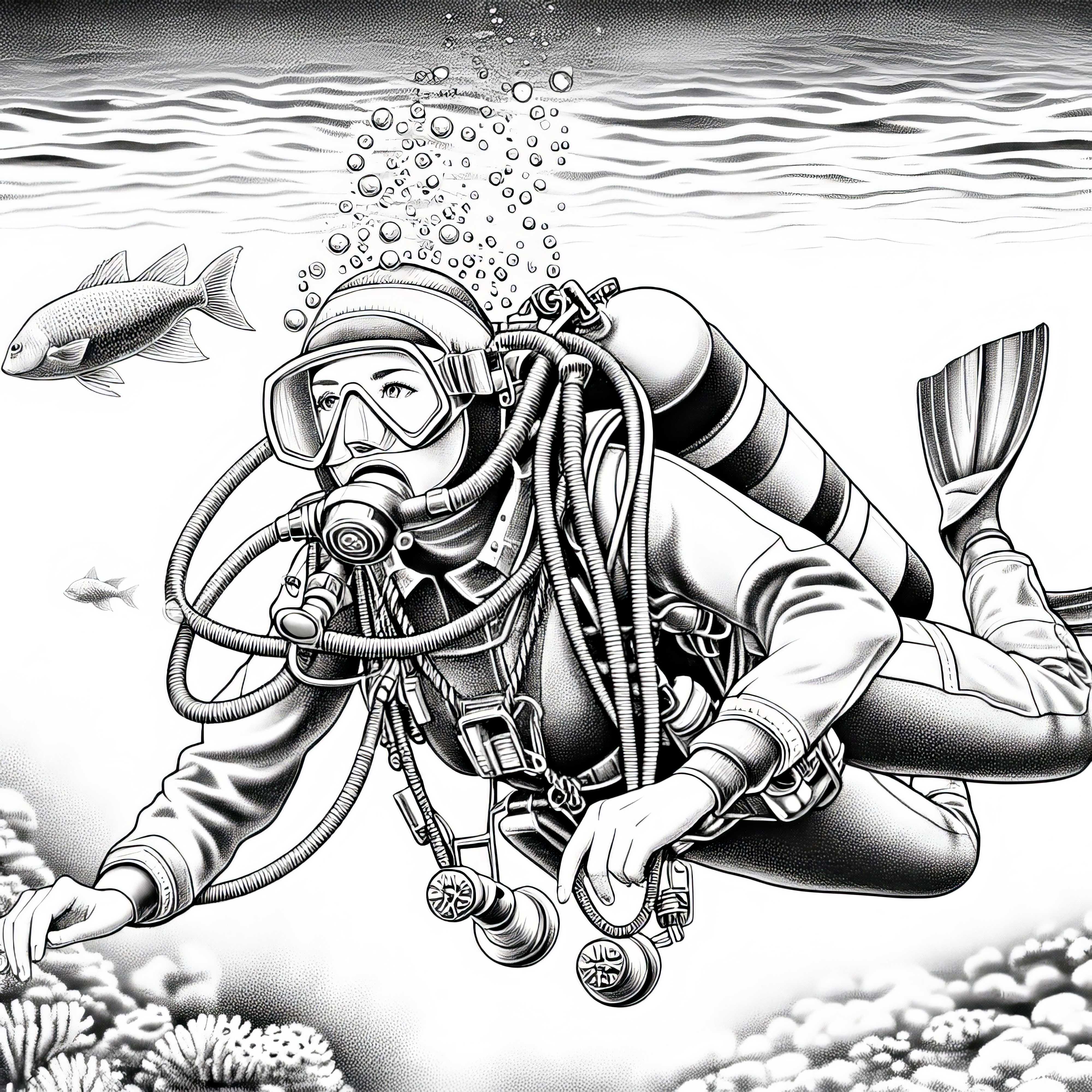 Plongeuse avec bouteille de oxygène - modèle de coloriage détaillé gratuit