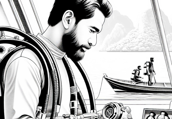 Plongeur prépare l'équipement sur le bateau - Image à colorier détaillée gratuite Plongeur préparant son équipement sur le bateau – Image à colorier en détail gratuite