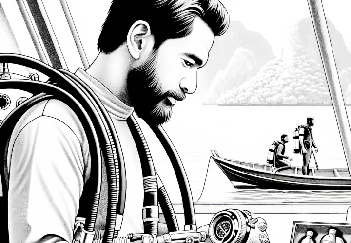 Taucher bereitet Ausrüstung am Boot vor – Ausmalbild detailreich kostenlos