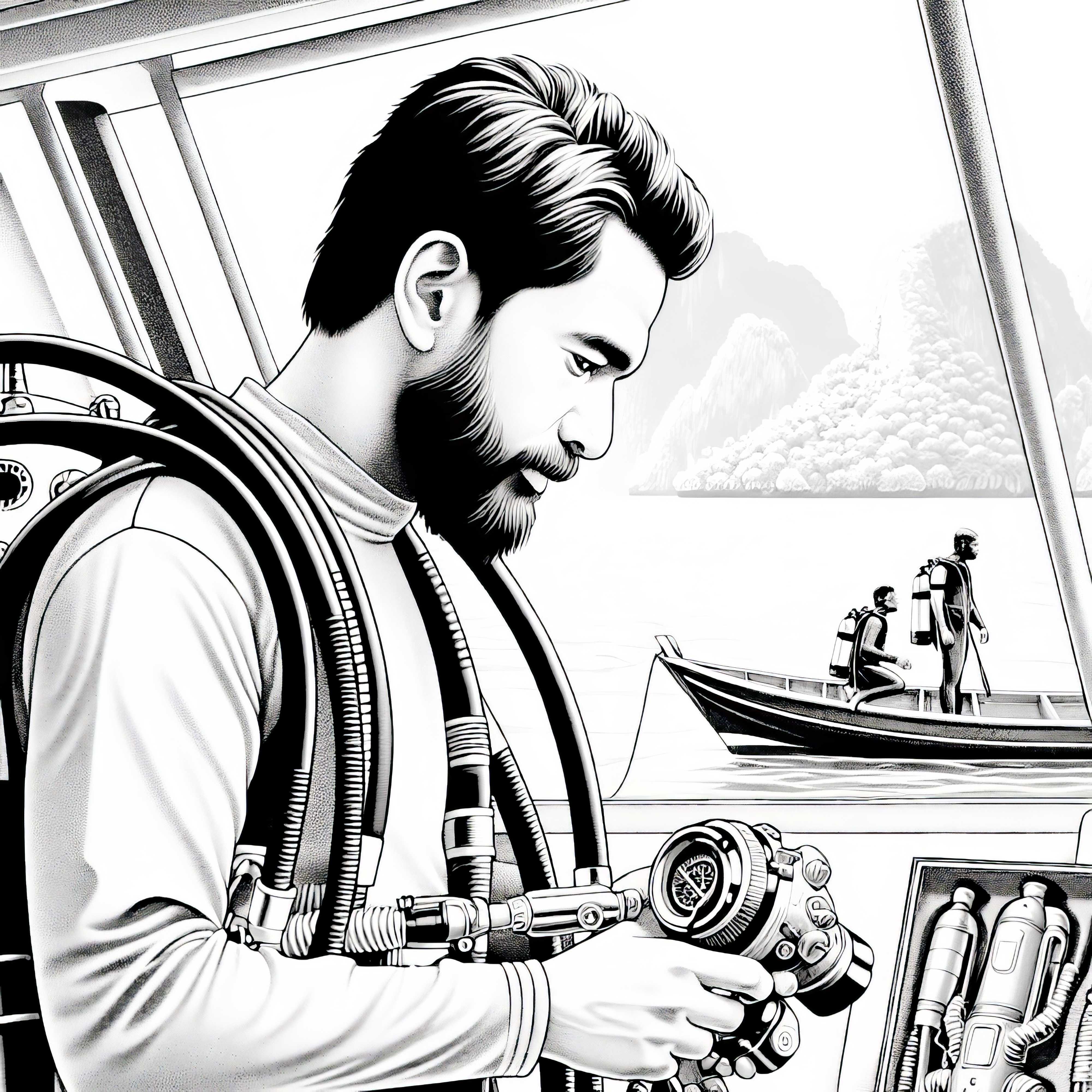 Un plongeur prépare son équipement sur le bateau - Dessin à colorier détaillé et gratuit