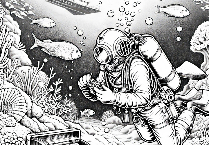 Un plongeur découvre un trésor au fond de la mer – Coloriage détaillé gratuit Un plongeur découvre un trésor au fond de la mer - Dessin à colorier détaillé gratuit