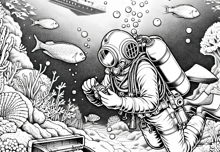 Taucher entdeckt Schatz auf Meeresboden – Ausmalbild Detailreich gratis