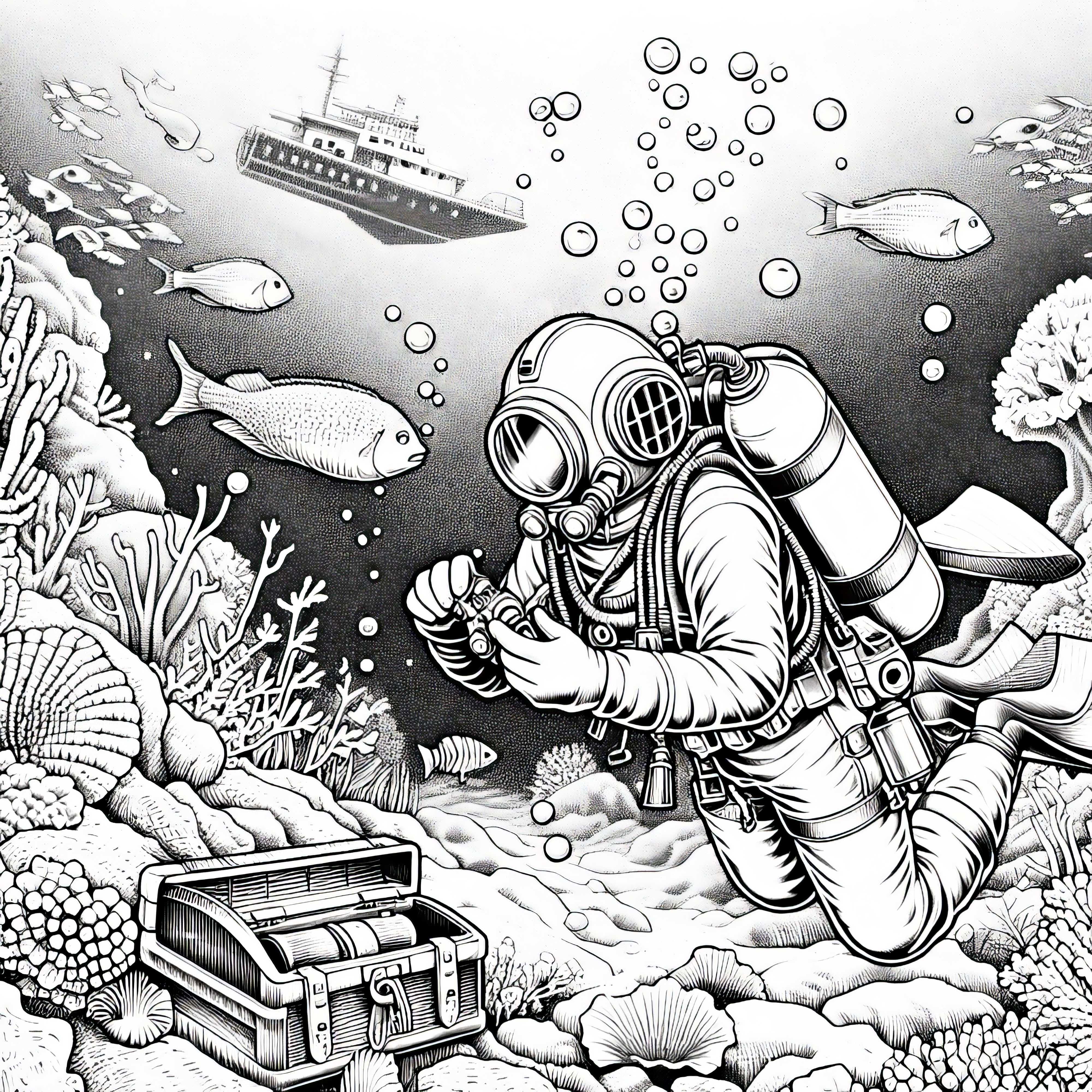 Un plongeur découvre un trésor au fond de la mer - dessin à colorier détaillé gratuit