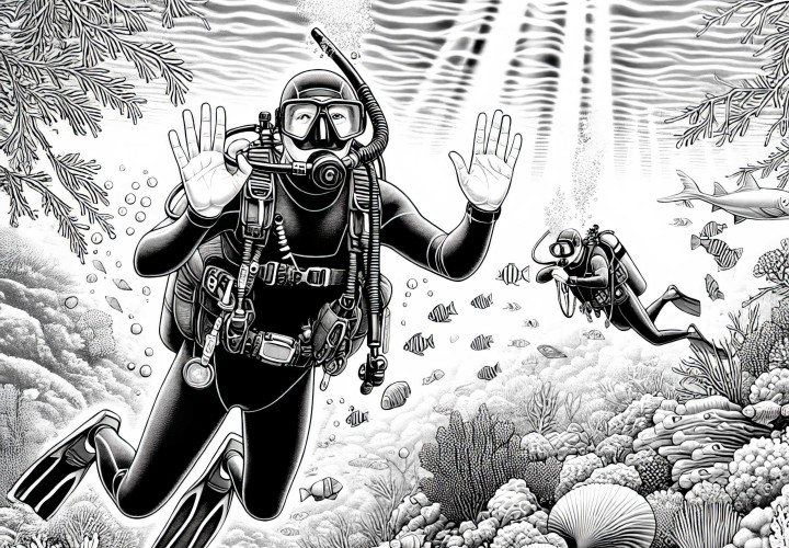 Un plongeur communique avec des signes de main sous l'eau - Modèle de coloriage détaillé gratuit Le plongeur communique par des gestes sous l'eau - modèle de coloriage détaillé et gratuit