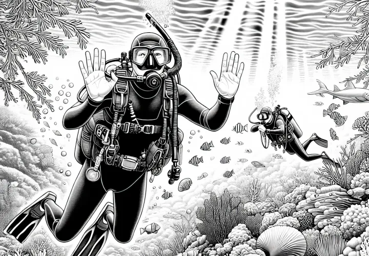 Taucher kommuniziert mit Handzeichen unter Wasser – Malvorlage detailreich gratis