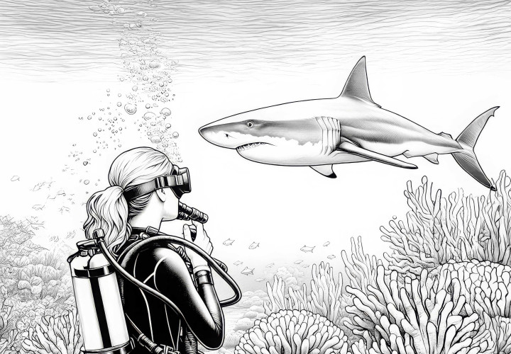 Une plongeuse observe un requin à distance en toute sécurité – Dessin à colorier de haute qualité Plongeuse observe un requin à distance sûre – Image à colorier de haute qualité