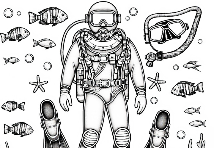Modèle de coloriage de combinaison de plongée et d'ailes - Détail riche et gratuit Modèle de coloriage de combinaison de plongée et de palmes – Riche en détails et gratuit