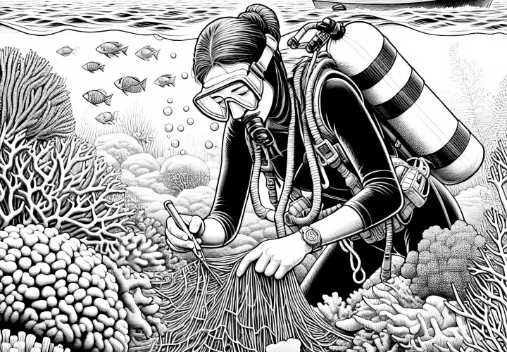Plongeuse libère un filet de pêche des coraux - Dessin à colorier gratuit Plongeuse libère un filet de pêche des coraux – Dessin à colorier gratuit