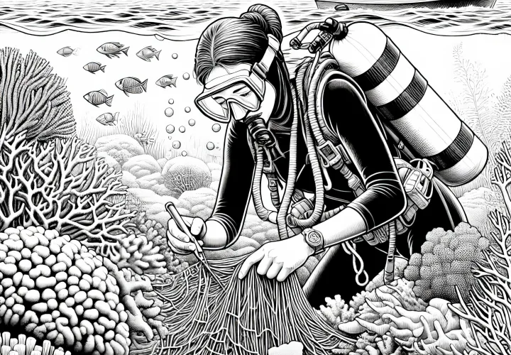 Taucherin löst Fischernetz aus Korallen – Ausmalbild kostenlos