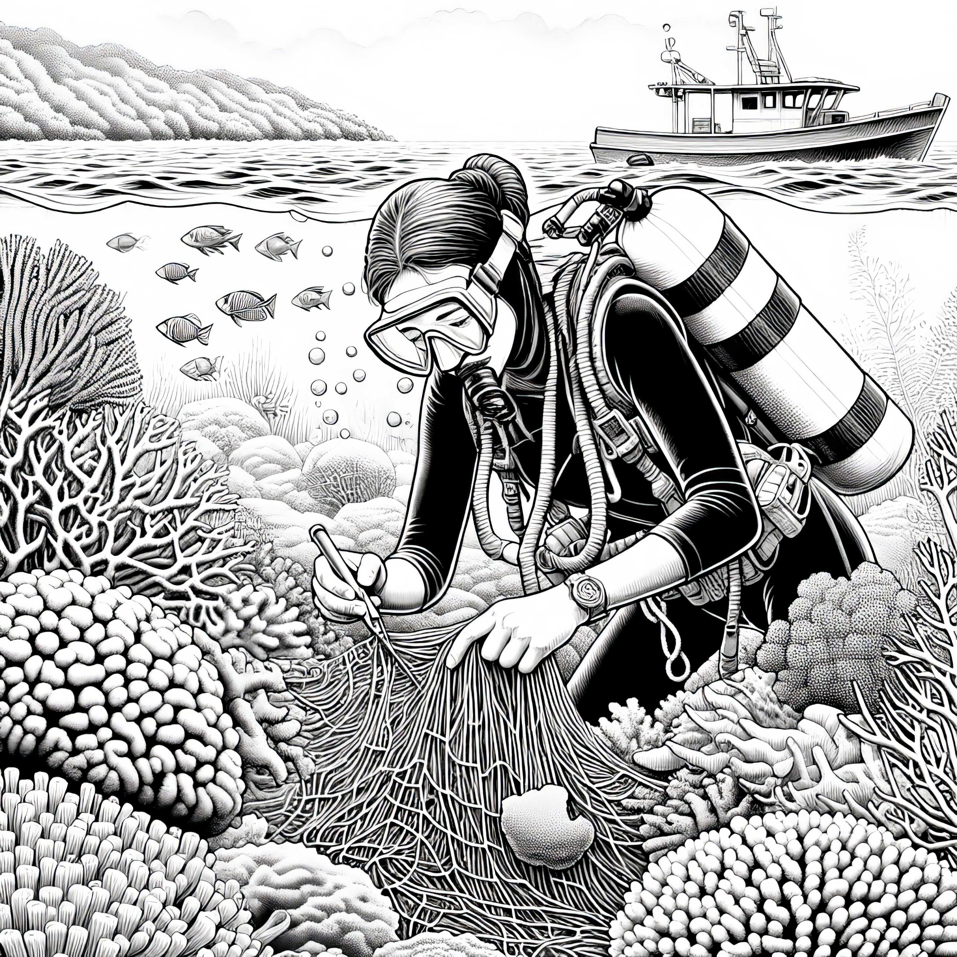 Plong euse dégage un filet de pêche des coraux - Dessin à colorier gratuit