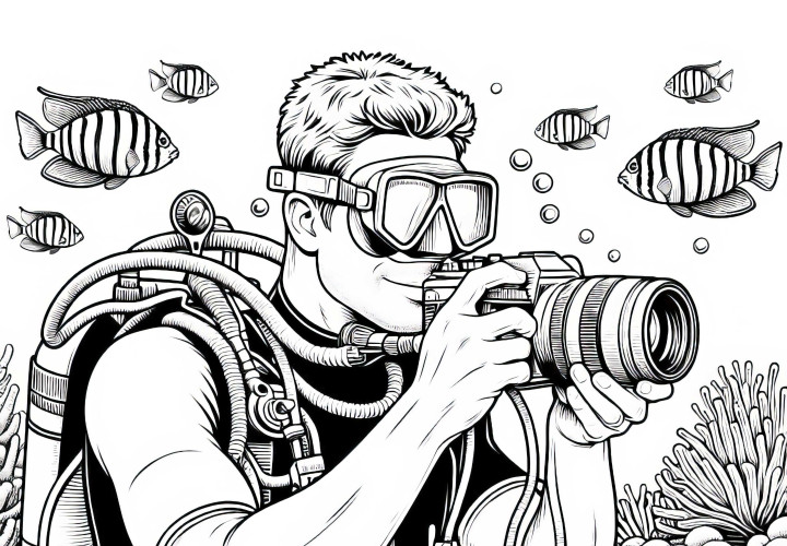 Image à colorier d'une caméra sous-marine de plongeur – Détails riches et gratuit Page de coloriage d'une caméra sous-marine d'un plongeur - Detaillé et gratuit
