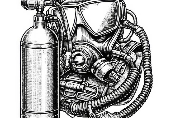 Sauerstoffflasche und Atemregler für Taucher – Malvorlage gratis