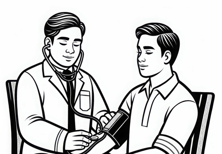Krankenpfleger überprüft Blutdruck eines Patienten – Ausmalbild kostenlos Krankenpfleger überprüft Blutdruck eines Patienten – Ausmalbild kostenlos