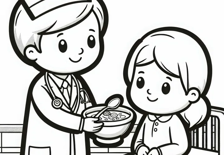 Sygeplejerske bringer mad til patient – Gratis farvelægningsskabelon