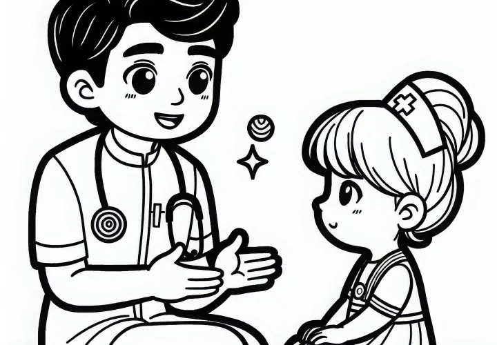 Sygeplejerske taler beroligende med barn - Farvelægning gratis