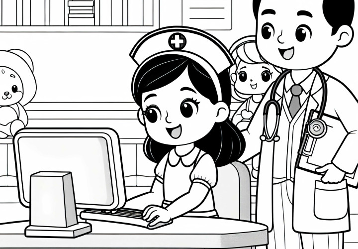 Krankenschwester arbeitet am Computer in der Station – Malvorlage kostenlos Krankenschwester arbeitet am Computer in der Station – Malvorlage kostenlos