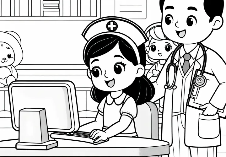 Sygeplejerske arbejder ved computeren på afdelingen - Malebog gratis