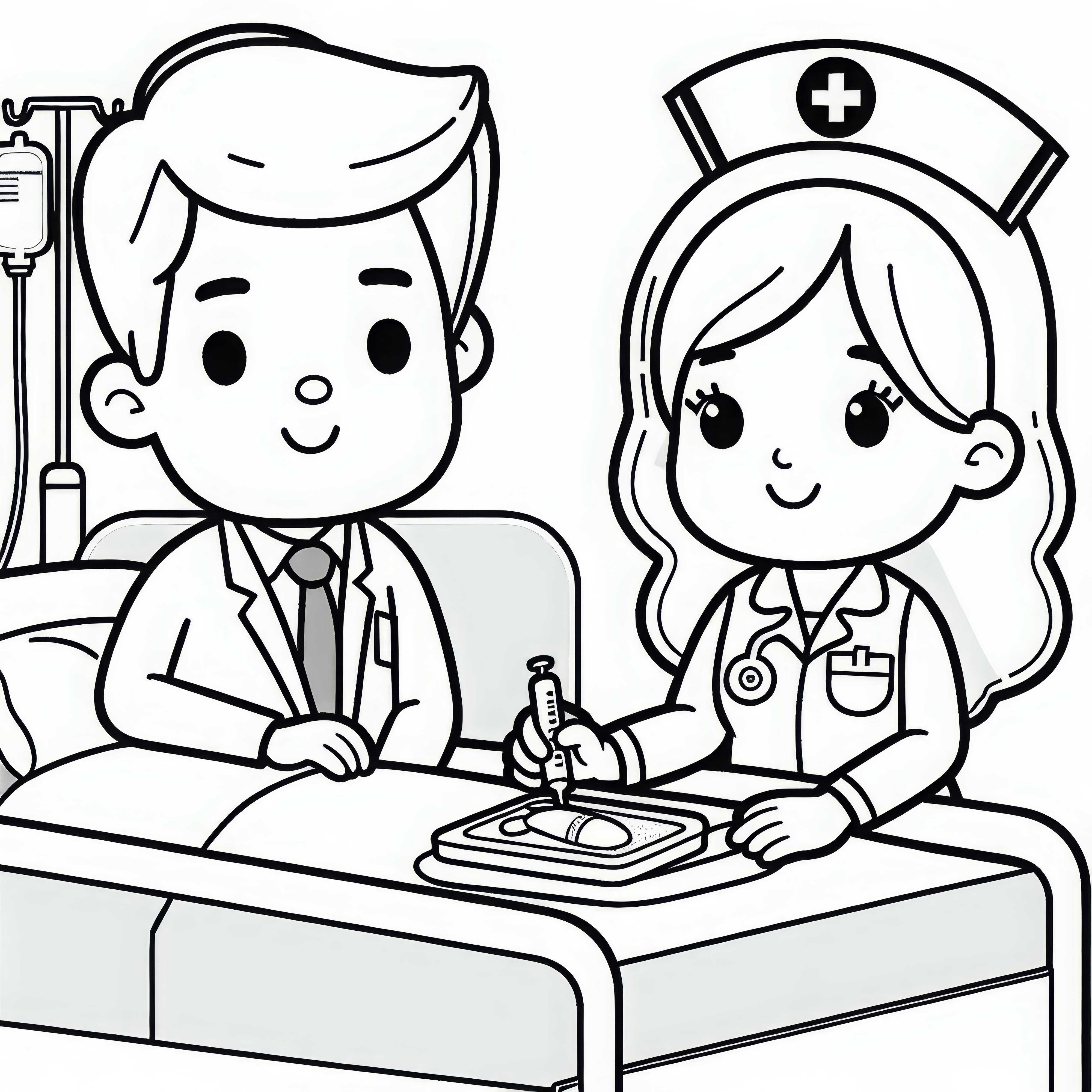 Krankenhaus mit Krankenpfleger – Ausmalbild gratis