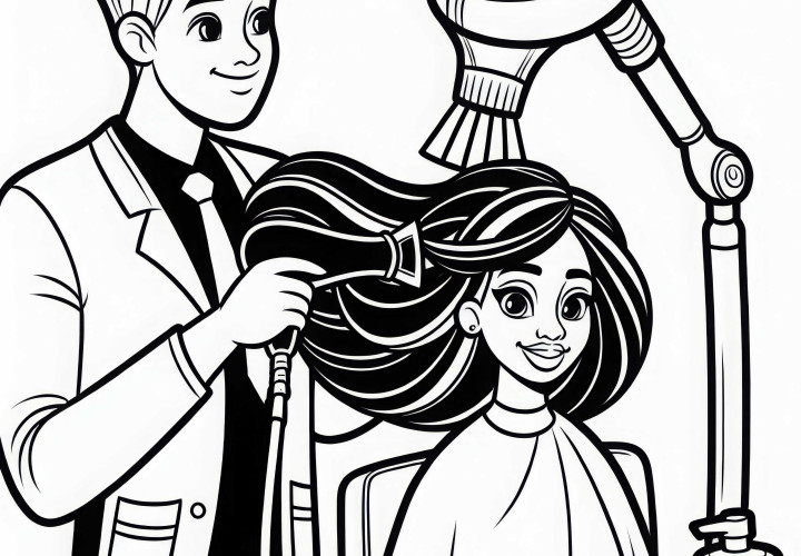 Friseur, Föhnen, Haar einer Kundin – Ausmalbild kostenlos Friseur, Föhnen, Haar einer Kundin – Ausmalbild kostenlos