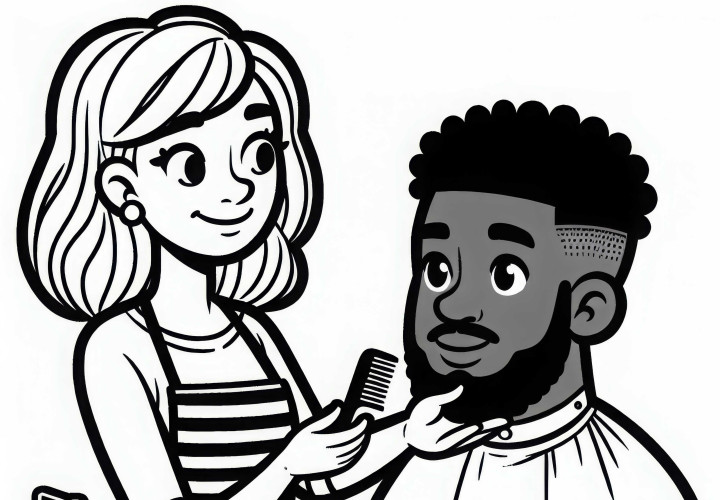 Friseurin berät Kunden bei der Frisurwahl – Ausmalbild kostenlos Friseurin berät Kunden bei der Frisurwahl – Ausmalbild kostenlos