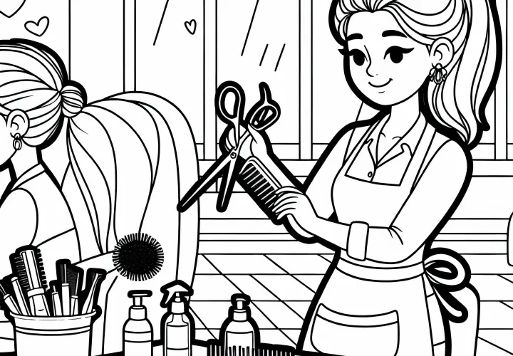 Frizerka čisti in organizira orodje – brezplačna barvna predloga