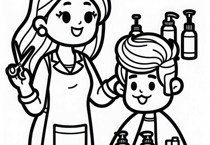 Friseurin zeigt Pflegeprodukte einem Kunden – Ausmalbild kostenlos Friseurin zeigt Pflegeprodukte einem Kunden – Ausmalbild kostenlos