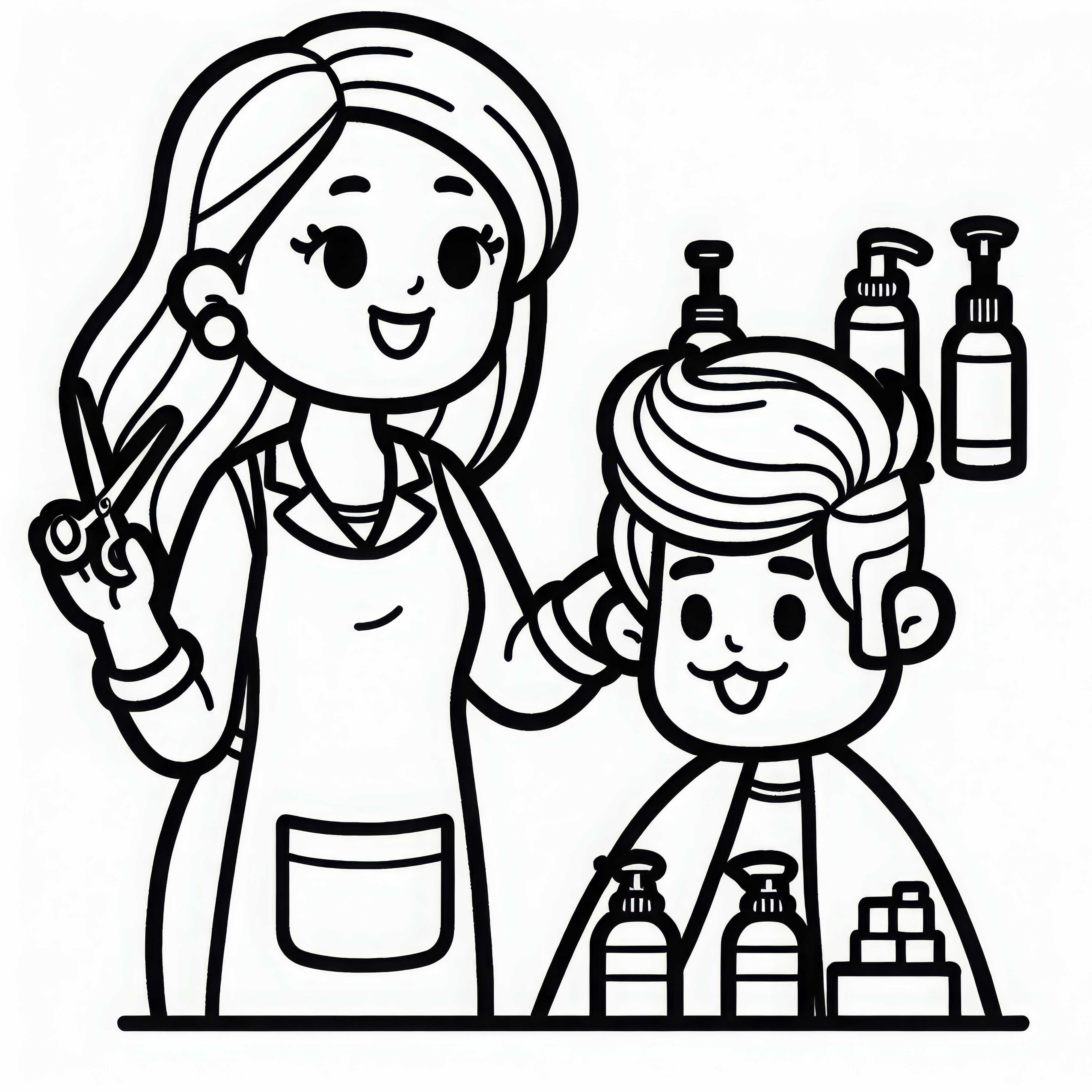Friseurin zeigt Pflegeprodukte einem Kunden – Ausmalbild kostenlos