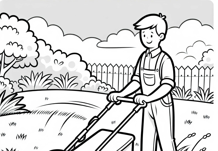 Tukang kebun memotong rumput dengan mesin pemotong rumput – Template gambar gratis