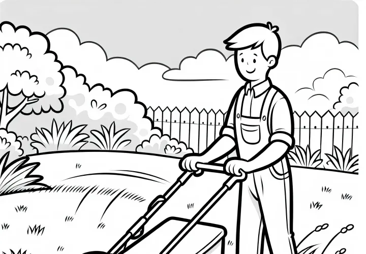 El jardinero corta el césped con una cortadora de césped - Plantilla para colorear gratuita