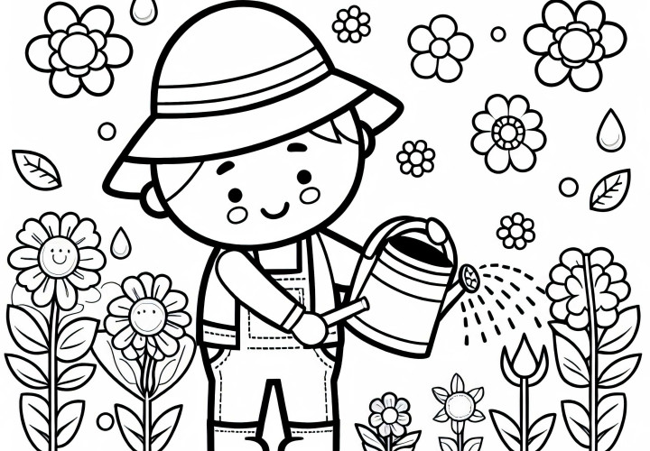 Kebun menyiram tanaman dengan penyiram - Template mewarnai gratis