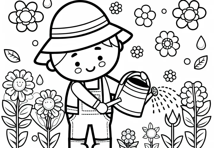 El jardinero riega las plantas con una regadera - Plantilla para colorear gratis