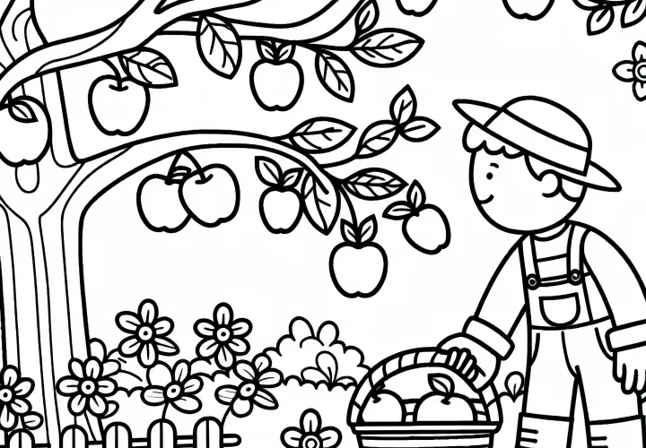 El jardinero recoge frutas del árbol - Imagen para colorear gratis