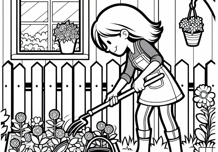 Tukang kebun mencabuti rumput liar di kebun - template mewarnai gratis