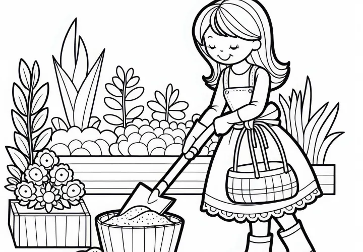 Jardinera distribuye mantillo en las camas – Plantilla para colorear gratis