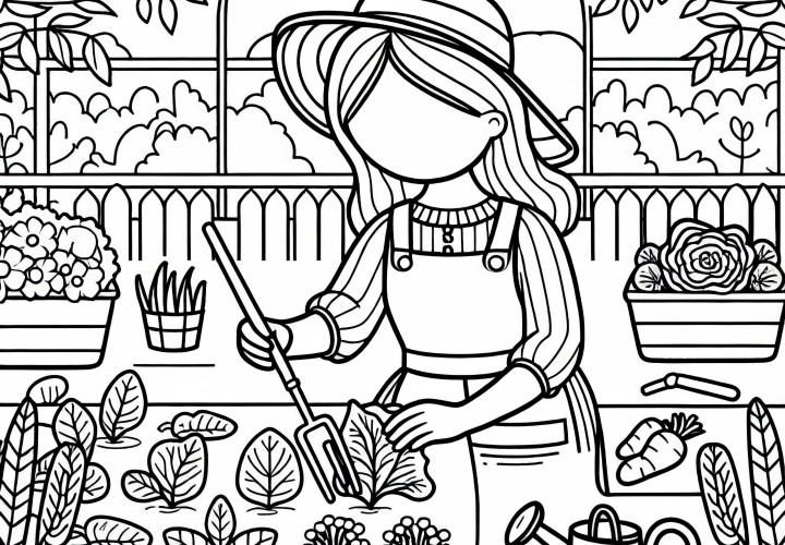Kebun wanita menanam sayuran di rumah kaca - Template mewarnai gratis